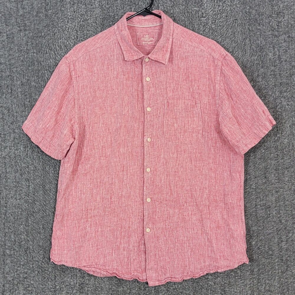 M&S Collection Shirt Mens Large Red 100% Linen Short Sleeve Casual Button Up